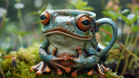 A ceramic frog sitting in a mug on top of moss, AIの素材