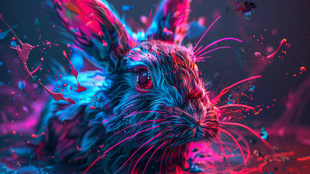 A close up of a rabbit with colorful paint splattered on it, AIの素材