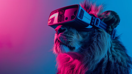 A lion wearing a virtual reality headset with pink and blue colors, AIの素材