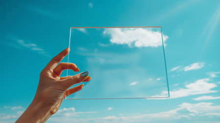 A person holding a square of glass in front of the sky, AIの素材