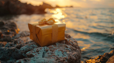 A gift box sitting on top of a rock with the ocean in background, AIの素材