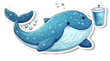 A sticker of a whale with bubbles and a drink in its mouth, AIの素材