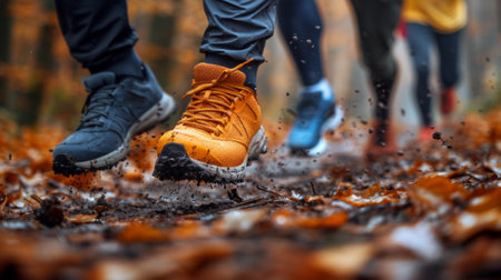 A group of people wearing shoes running through a forest, AIの素材