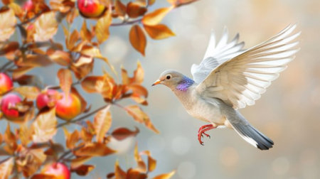 A bird flying in the air over a tree with fruit, AIの素材