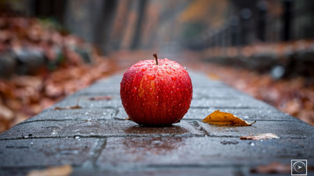 A red apple sitting on a brick walkway with leaves, AIの素材