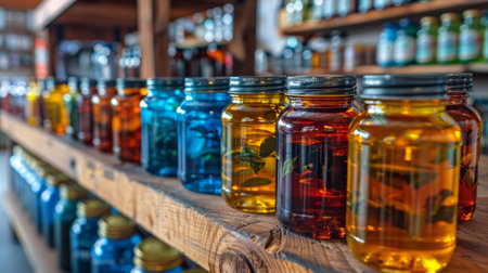 A row of jars filled with different colored liquids on a shelf, AIの素材