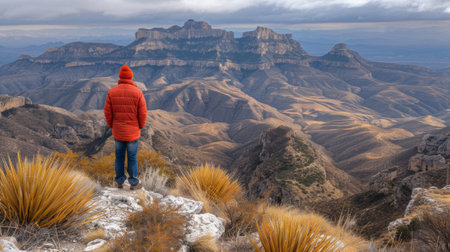 A man in red jacket standing on top of a mountain overlooking the desert, AIの素材