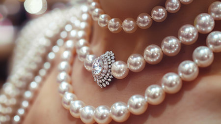 A close up of a woman wearing pearls and diamonds on her neck, AIの素材