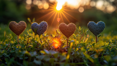 Three heart shaped cookies are sitting in the grass with a sun setting behind them, AIの素材