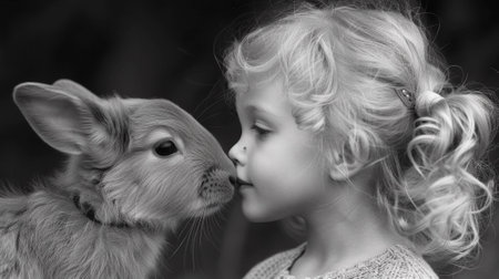 A little girl is kissing a rabbit on the nose, AIの素材