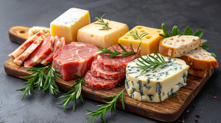 A wooden cutting board with various types of meat and cheese, AIの素材