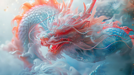A close up of a dragon with red and blue colors, AIの素材