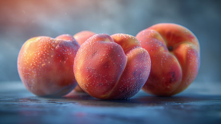 A group of peaches are sitting on a table with water droplets, AIの素材