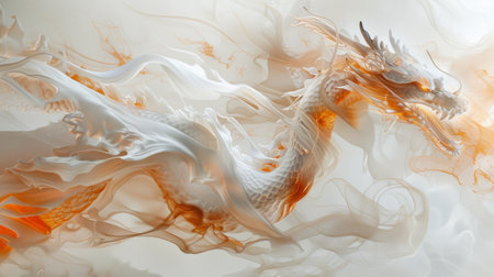 A close up of a white dragon with orange flames, AIの素材