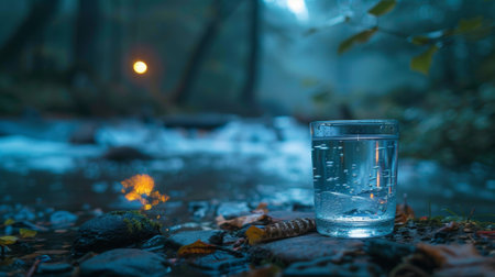 A glass of a cup filled with water sitting on the ground next to some rocks, AIの素材