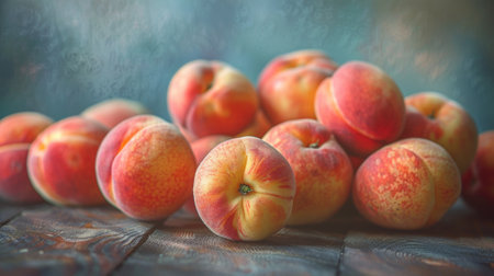 A pile of peaches on a wooden table with some missing, AIの素材