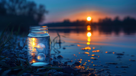 A glass jar with a sun setting in the background, AIの素材