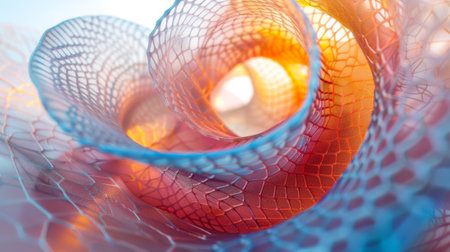 A close up of a colorful abstract sculpture with an orange and blue swirl, AIの素材