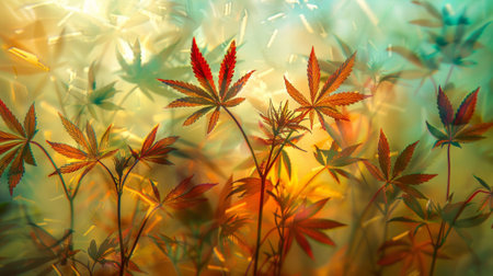 A close up of a plant with leaves and red stems, AIの素材