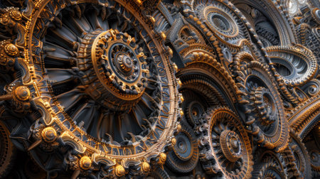 A close up of a very ornate clock with gold and black designs, AIの素材