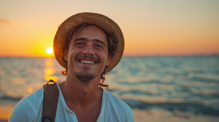 A man smiling at the sun while standing on a beach, AIの素材