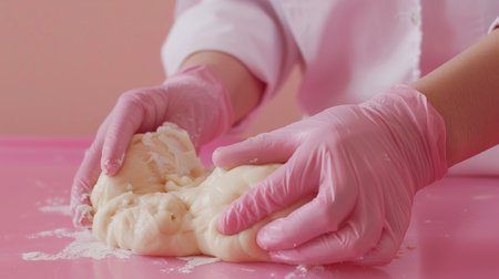 A person in pink gloves kneading dough on a table, AIの素材