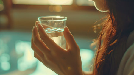 A woman holding a glass of water with small balls in it, AIの素材