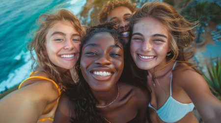 A group of four young women taking a selfie together, AIの素材