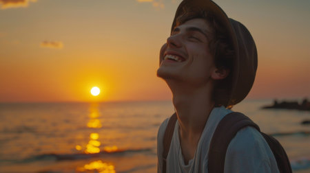 A man with a hat on smiling at the sun, AIの素材