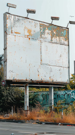 A large white billboard with graffiti on it sitting next to a road, AIの素材