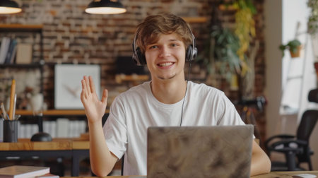 A young man with headphones sitting at a laptop computer, AIの素材