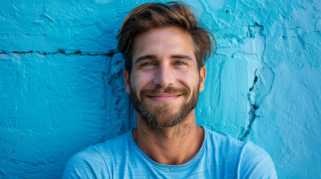 A man with a beard and blue shirt posing for the camera, AIの素材