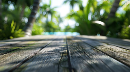 A close up of a wooden deck with palm trees in the background, AIの素材