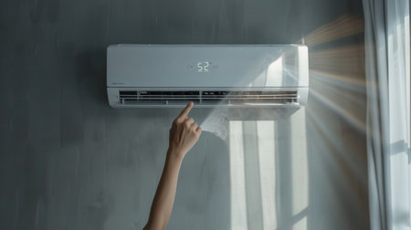 A person pointing at a wall mounted air conditioner, AIの素材
