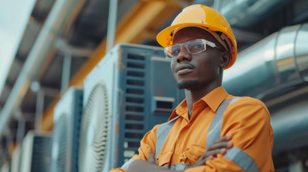 A man in hard hat and safety glasses standing next to a large fan, AIの素材