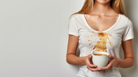 A woman holding a cup of coffee with brown stains on it, AIの素材