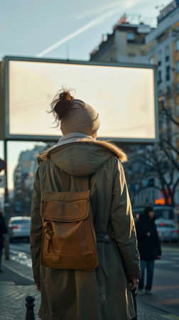 A woman with a backpack walking down the street, AIの素材