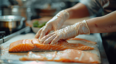 A person in gloves cutting up a piece of salmon on top of the counter, AIの素材