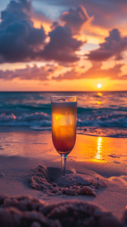 A glass of a drink sitting on the beach at sunset, AIの素材