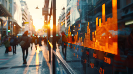 A group of people walking down a city street with buildings in the background, AIの素材