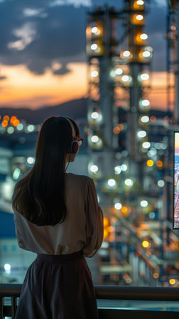 A woman standing on a balcony looking at an industrial area, AIの素材