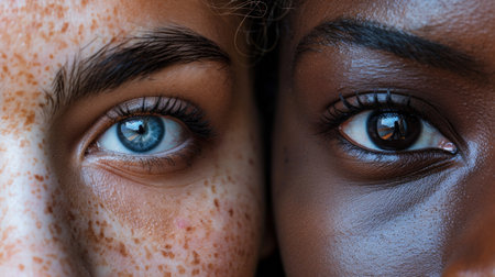 Two people with freckles and brown eyes looking at each other, AIの素材