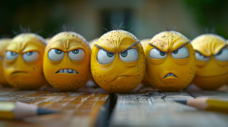 A row of yellow cartoon characters with pencils in their mouths, AIの素材