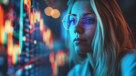 A woman wearing glasses looking at a screen with colorful lights, AIの素材