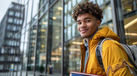 A young man in a yellow jacket with books and backpack, AIの素材