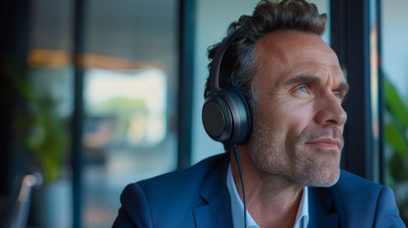 A man wearing headphones and looking at something off to the side, AIの素材