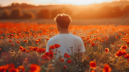 A man sitting in a field of red flowers with the sun behind him, AIの素材