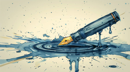 A fountain pen is being dipped into a blue ink pool, AIの素材