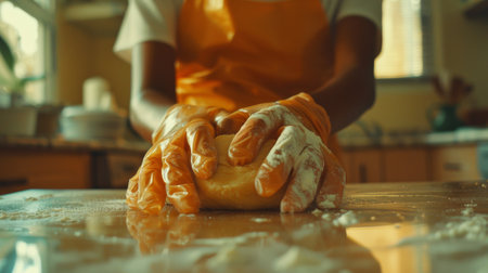 A person wearing gloves kneading dough on a countertop, AIの素材