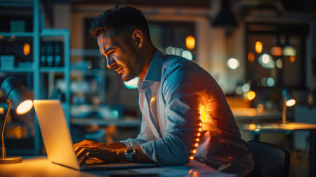 A man sitting at a desk with his laptop open on the table, AIの素材